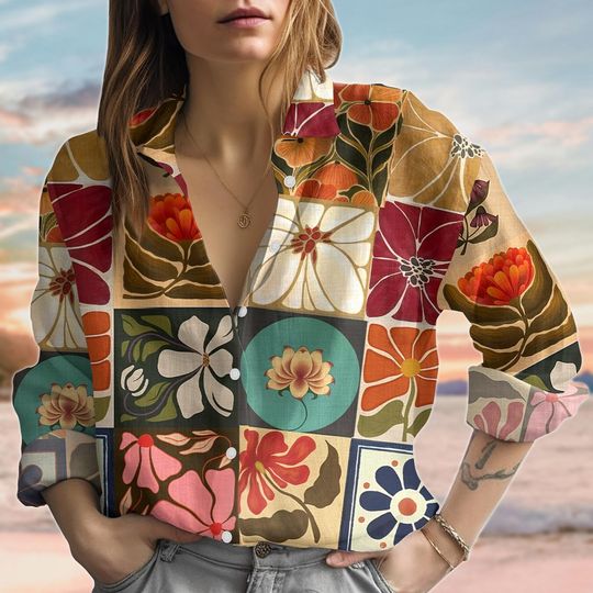 Boho Floral Linen-Look Shirt, Flower Women Shirt, Vintage Aesthetic Long Sleeve Shirt, Spring Summer Casual Shirt, Gift For Her