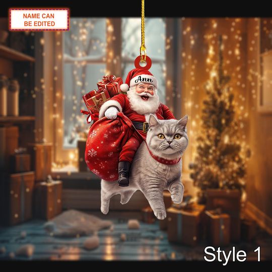 Discover Custom Name Santar Riding Scottish Fold Cat Personalized Ornament, Christmas Hanging Decor, 2D Flat Acrylic Christmas Ornament Holiday Gift