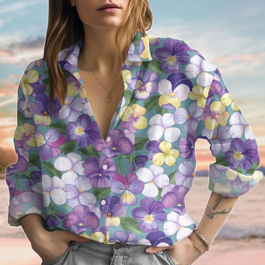 Floral Summer Linen-Look Shirt, Cottagecore Women Blouses, Nature Love Casual Shirt, Gardening Shirt, Boho Shirt, Summer Gift For Her