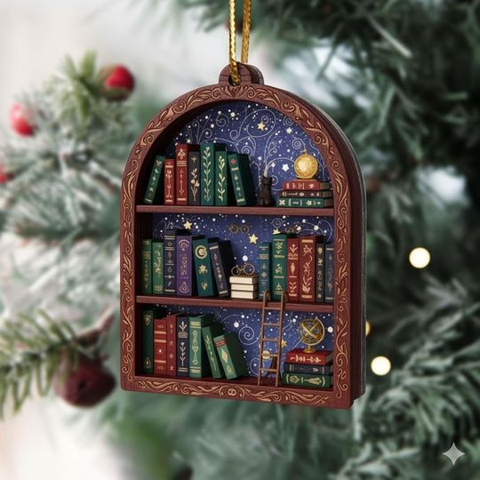 Book Lover Christmas Acrylic Ornament, Christmas Reading Room Ornament, Book Lover Gift, Book Club Ornament, Academic Bookish Ornament