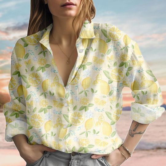 Lemon Summer Linen-Look Shirt, Citrus Shirt For Women, Cute Fruit Blouse Shirt, Girly Button Up Shirt, Nature Love Gift For Her