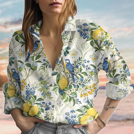 Discover Flower Birds Blouse Shirt, Botanical Linen-Look Shirt, Nature Love Casual Shirt, Retro Button Shirt For Women, Garden Love Women Blouse
