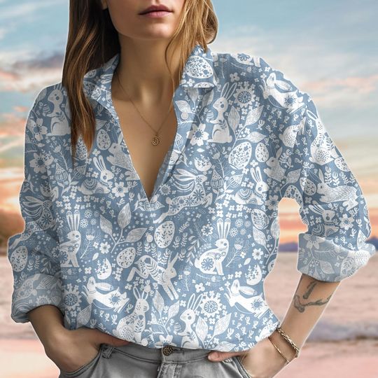 Discover Vintage Rabbits Floral Linen-Look Shirt, Nature Love Women Shirt, Animals Casual Blouse, Flowers Women Blouse, Summer Gift For Her