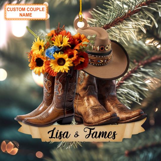 Custom Name Cowboy Couple Flower Christmas Ornament, Christmas Tree Hanging Decor, Flat 2D Ornament Acrylic/ Wooden, Gift for Cowboy