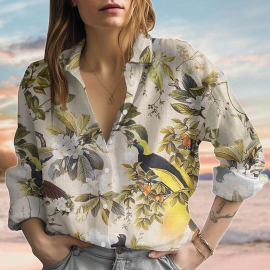 Discover Flowers Bird Linen-Look Shirt, Vintage Botanical Shirt, Nature Inspired Women Shirt, Floral Casual Women Top, Summer Shirt Gift For Her