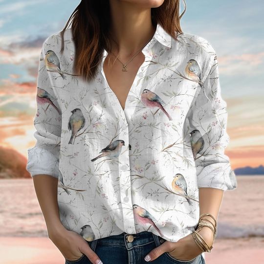 Discover Bird Print Linen-Look Shirt, Botanical Women Blouse Shirt, Nature Summer Vacation Top, Cottagecore Garden Shirt, Vacation Shirt For Her