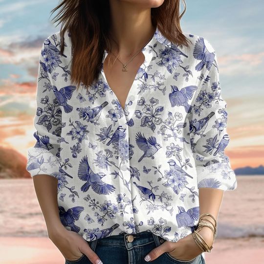 Discover Blue Bird Floral Linen-Look Shirt, Vintage Nature Love Blouse Shirt, Flowers Women Shirt, Botanical Button Up Shirt, Gardening Shirt