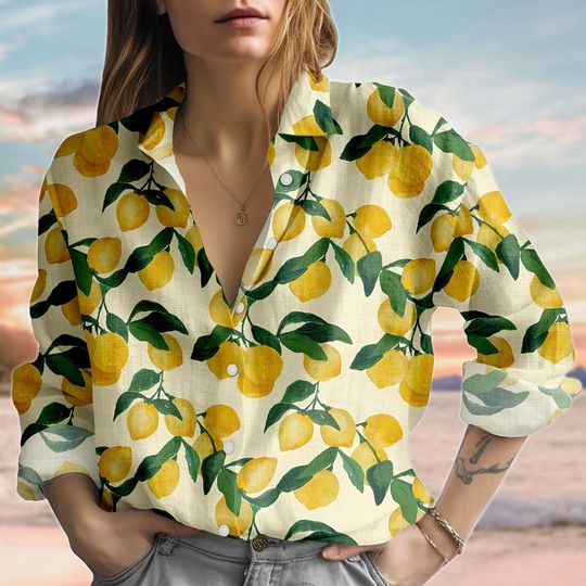Lemon Linen-Look Shirt, Yellow Citrus Blouse Shirt, Mediterranean Fruit Casual Shirt, Summer Gardening Shirt For Women, Gift For Her