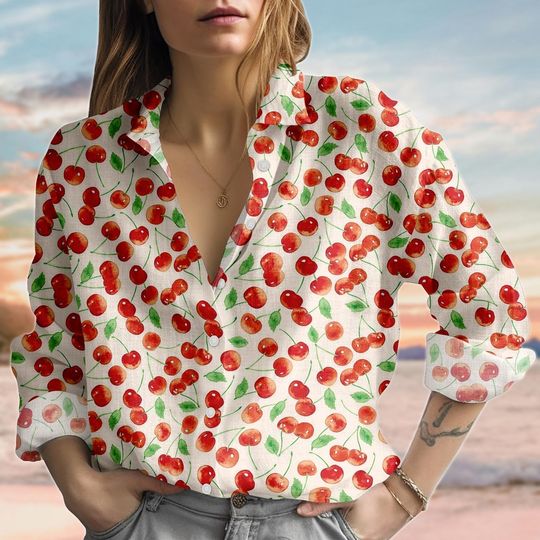 Discover Retro Cherry Linen-Look Shirt, Red Cherry Women Shirt, Red Fruit Casual Shirt, Summer Cottagecore Casual Shirt, Birthday Gift For Her