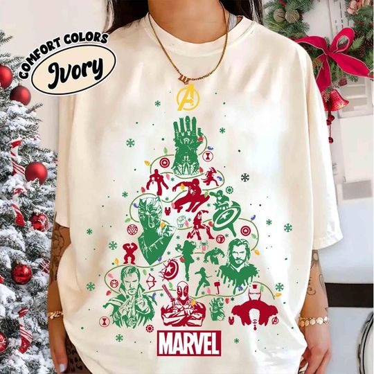 Discover Comfort Colors Marvel Super Hero Christmas Tree Shirt, Avengers Christmas Lights Tee, Disney Christmas Party Trip, Marvel Christmas Gifts