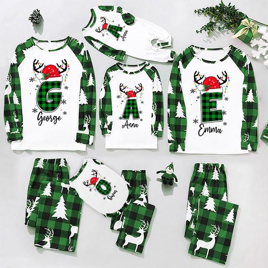 Discover Custom Christmas Family Pajamas And Dog, Monogram Pajamas, Matching Pajamas For Couples And Dog, Green White Pajamas, Christmas Outfits