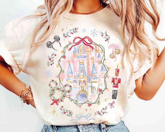 Discover Coquette Bow Disney Castle Christmas T-Shirt, Mickey's Very Merry Xmas Party 2025 Tee
