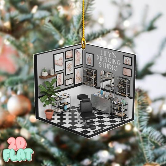 Discover Personalized Piercing Studio 2D FLAT Christmas Ornament, Custom Tattoo Shop Decor, Body Art Holiday Gift, 2D Flat Hanging Decoration