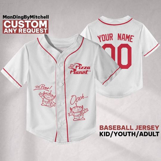 Discover Personalized Toy Story Pizza Planet Baseball Jersey for Kids, Disney Baseball Team Outfit, Toy Story Jersey Gift