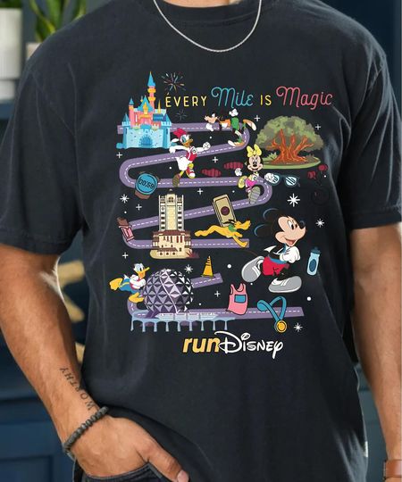 Discover Run Disney Mickey and Friends Marathon Running T-Shirt – Magic Kingdom Epcot Castle 2025