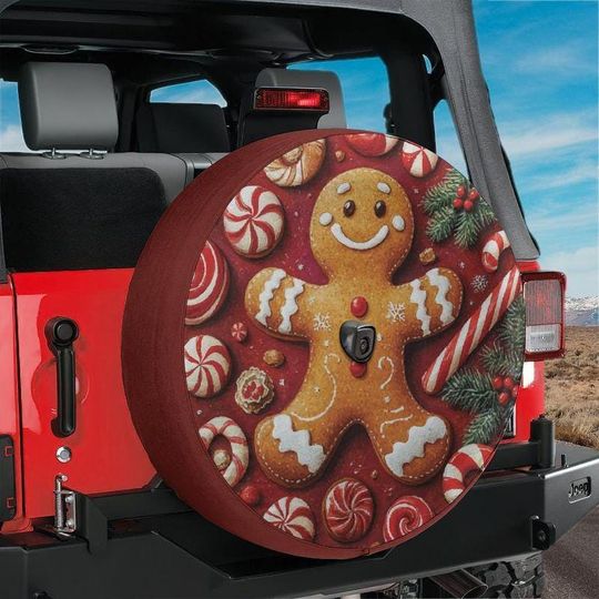 Discover Christmas Gingerbread Man Spare Tire Cover with Backup Camera Hole for Jeep Bronco RV Holiday Tire Cover Cute Cookie Winter Design