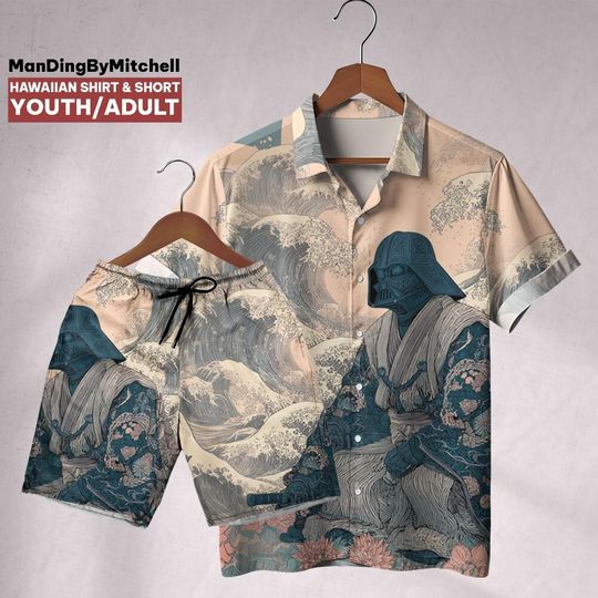 Vintage Darth Vader Tsunami Hawaiian Shirt and Short, Dad Shirt, Disneyland Paris, Star Wars Father Shirt, Birthday Gift, Gift for him, Vacation Shirt
