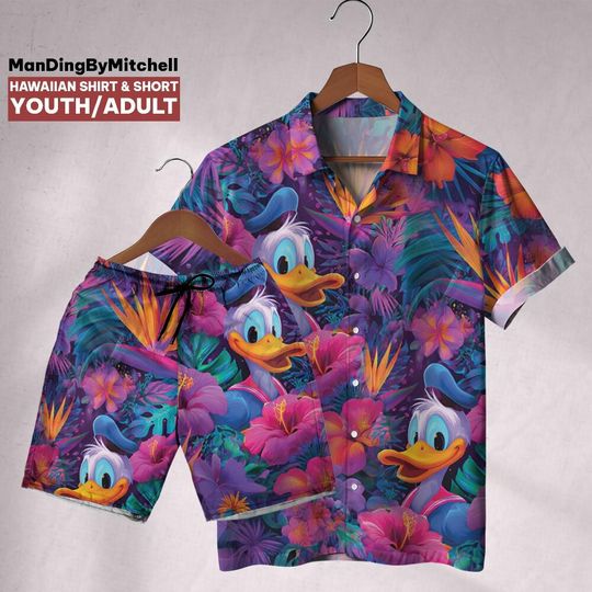 Discover Retro Hibiscus Synth Donald Disney Hawaiian Shirt, Disneyland Shirt, Birthday Gift, Cruise trip 2025, Family Matching Oufit