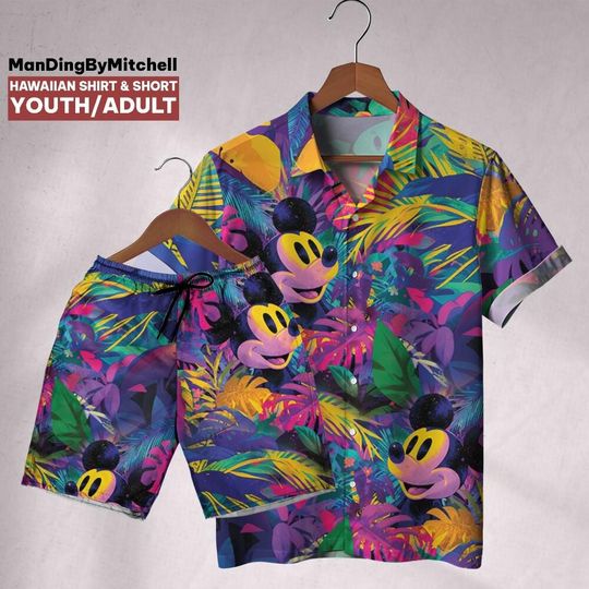 Discover Retro Hibiscus Synth Mickey Disney Hawaiian Shirt, Disneyland Shirt, Birthday Gift, Cruise trip 2025, Family Matching Oufit
