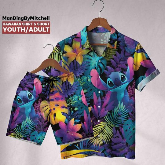 Discover Retro Hibiscus Synth Stitch Disney Hawaiian Shirt, Disneyland Shirt, Birthday Gift, Cruise trip 2025, Family Matching Oufit