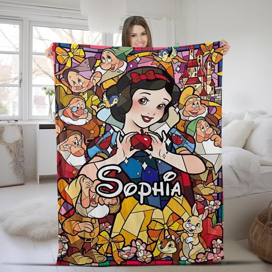 Discover Personalized Disney Snow White and the Seven Dwarfs Blanket, Disney Princess Snow White Birthday Gift, Stained Glass Inspired Blanket NFUO14