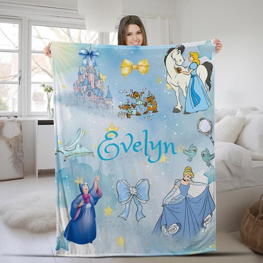 Discover Personalized Disney Princess Cinde Blanket, Custom Name Baby Blanket, Watercolor Disney Princess Blanket, Birthday Girl Gift C1H352