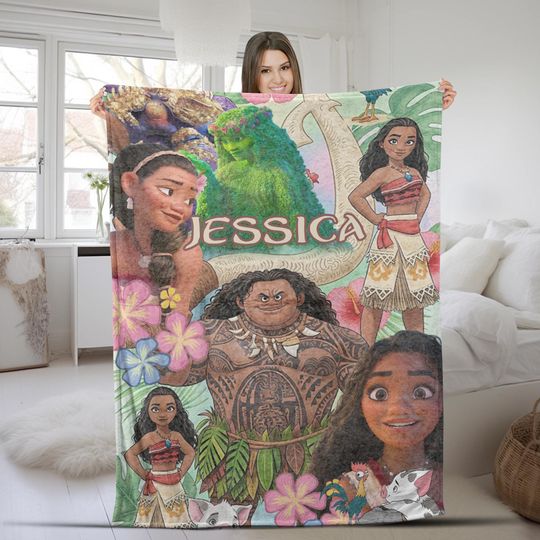 Discover Personalized Watercolor Disney Moana Blanket, Baby Princess Moana Birthday Girl Gift, WDW Disneyland Maui Hei Hei Family Decor C1HA25