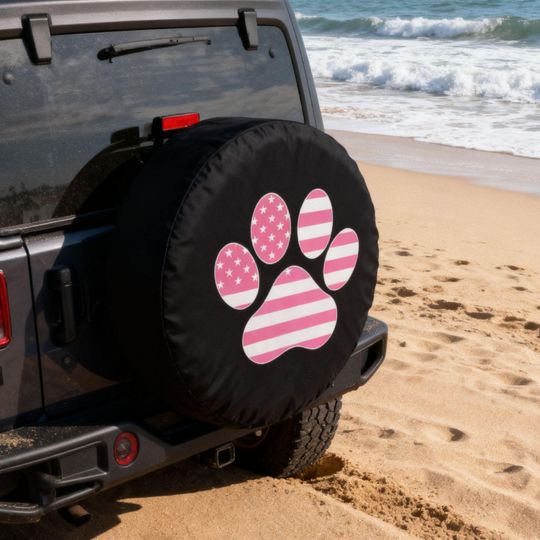 Discover Pink American Flag Paw Tire Cover, Patriotic Dog Lover Wheel Cover, Optional Camera Hole, Spare Tire Cover for SUV, RV & Camper Accessories