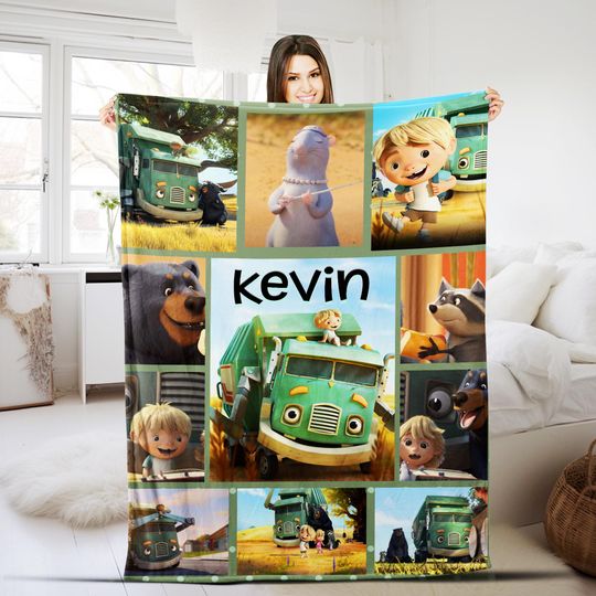 Trash Truck Cartoon Blanket, Personalized Trash Truck Sherpa Velveteen Blanket