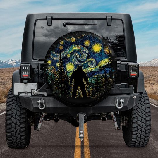Discover Bigfoot Starry Night Sasquatch Sky Painting Art Spare Tire Cover With Camera Hole, Off Road Vehicles, Camping Gift, Halloween Christmas Gift