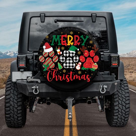 Discover Merry Dog Christmas Funny Dog Paw Santa Hat Reindeer Spare Tire Cover, Off Road Holiday Vehicles, Christmas Accessories Gift, Paw Print Tire