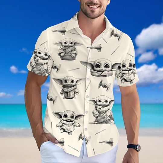 Discover Cute Baby Yoda Star Wars Button Shirt, Grogu Hawaiian shirt, Disney Star Wars Summer Beach Shirt, Disneyland Shirt, Disney World Gift