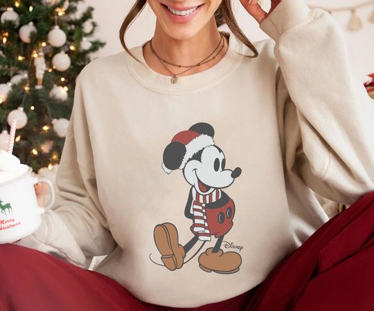 Discover Classic Mickey Mouse Christmas Sweatshirt with Santa Hat and Scarf for Disney Fans