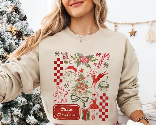 Discover Vintage Christmas Sweatshirt, Retro Santa Tree Reindeer Candy Cane Holiday Sweater for Women