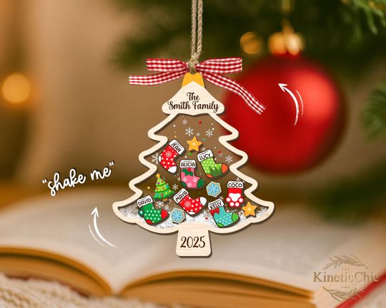 Custom Family Shaker Ornament 2025, Personalized 4D Christmas Stocking Ornament, Family and Pet Tree Ornament, Family Christmas Keepsake