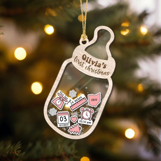 Custom Baby Bottle First Christmas Shaker Ornament, Newborn Stats Keepsake Decoration, Baby Shower Holiday Gift, New Baby Xmas Tree Decor