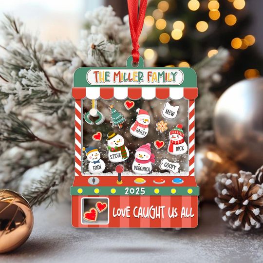 Custom Snowman Family Shaker Ornament 2025, Claw Machine Family Ornament, 4D Shaker Ornament, Family and Pet Christmas Keepsake Ornament