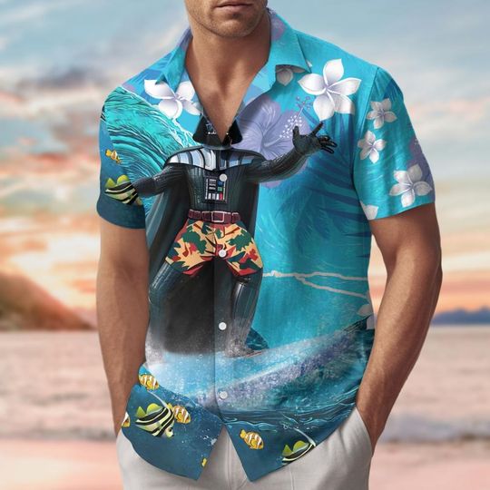 Darth Vader Surfing Hawaiian Shirt, Darth Vader Button Shirt, Star Wars Summer Beach Shirt, Holiday Shirt, Movie Tropical Vacation Shirt