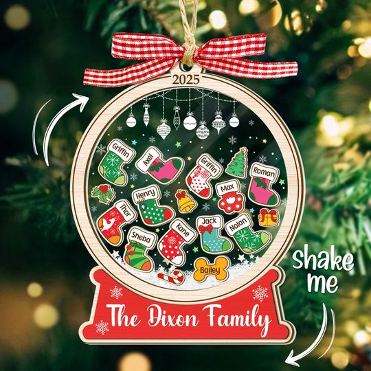 Custom Stocking Family Ornament with Pets: 4D Shaker Christmas Ornament
