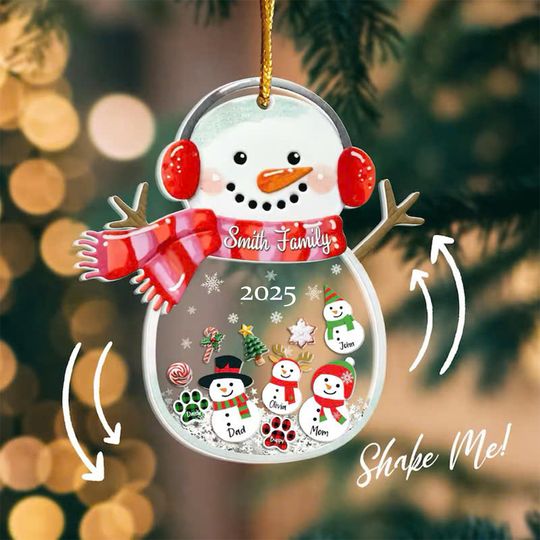 Personalized Snowman Family Ornament: 4D Shake Keepsake, Custom 2025 Christmas