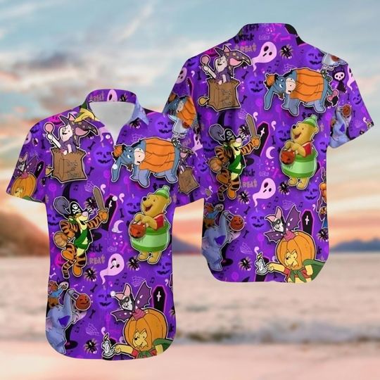 Discover Disney Pooh And Friends Halloween Button Shirt, Winnie The Pooh Hawaiian Shirt, Disneyword Shirt, Pooh Eeyore Piglet Tigger Hawaii Shirt