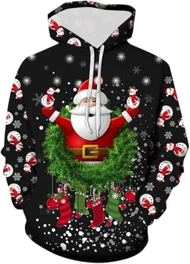 Discover Santa Wreath Christmas Hoodie 3D Print Black Snowflake Unisex Holiday Pullover