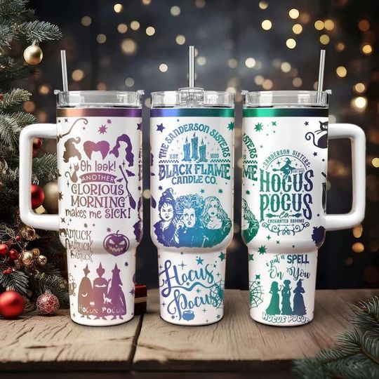 Discover Hocus Pocus Sanderson Sisters 40oz Tumbler with Handle, Halloween Hocus Pocus Water Tumbler, Disney Witches Stainless Steel Tumbler