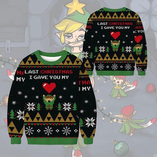 Christmas Link To My Heart Zelda Ugly Sweater 2025, Funny Gaming Holiday Sweater, Retro Pixel Style Christmas Jumper, Cute Gamer Gift