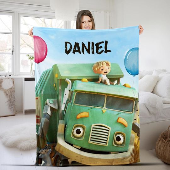 Discover Trash Truck Blanket, Personalized Trash Truck Fleece Blanket, Custom Name Kid Baby Blanket, Birthday Gift, Christmas Gifts D1EW46