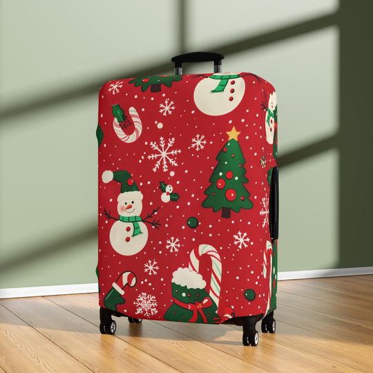 Discover Christmas Themed Luggage Cover, Red with Whimsical Christmas Symbols, Seasonal Child and Adult Suitcase Protector