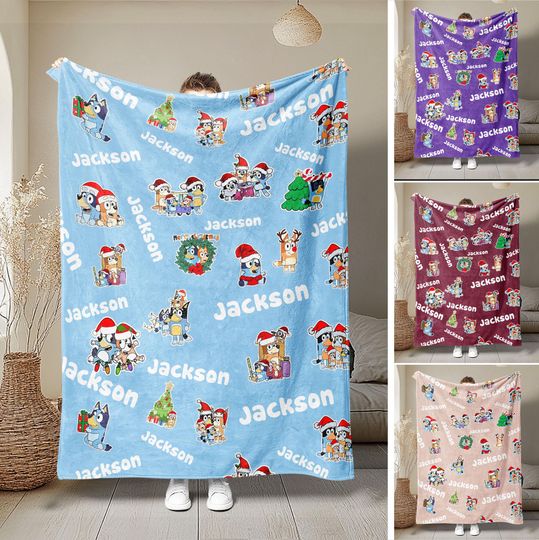 Discover Personalized BlueyDad Christmas Blanket, BlueyDad Family Soft Cozy Sherpa Fleece Throw Blankets, BlueyDad Birthday Blanket, BlueyDad Blanket for Kids