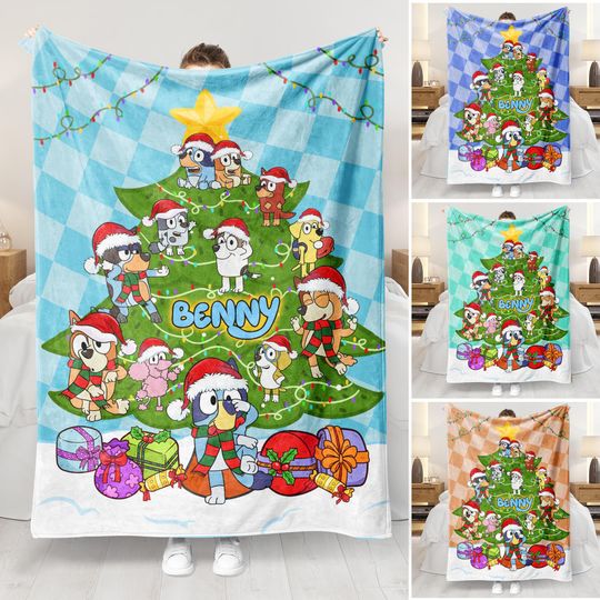 Discover Personalized BlueyDad Christmas Blanket with Custom Name, Merry Blueymas Baby Blanket, Cartoon Swaddle, Throw Blanket, Christmas Blanket Gift