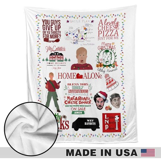 Home Alone Christmas Blanket, Retro 90s Funny Holiday Movie, Cozy Fleece Blanket Made in USA, Xmas Gift for Movie Lovers