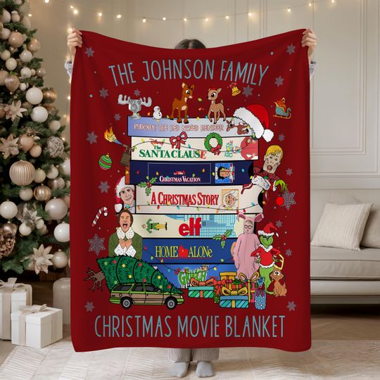 Discover Personalized Christmas Movies Blanket, Funny Retro Holiday Family Throw with Classic 80s & 90s Film Theme, Cozy Christmas Movie Night Gift
